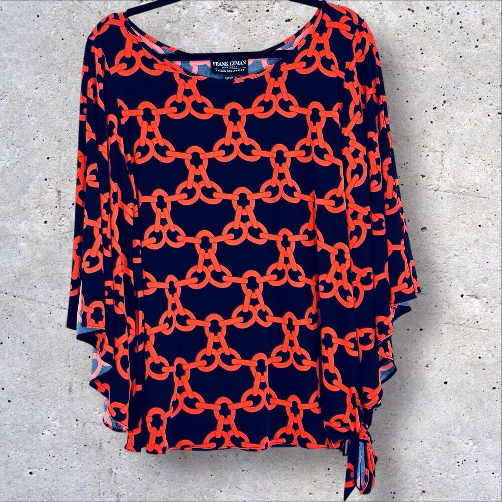 Frank Lyman Chain Print Knit Top Women’s Size 14 Navy Blue Orange Bell Sleeves